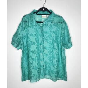 Alfred Dunner Shirt Womens 22W Teal Sheer Embroidered Button Front Blouse Top